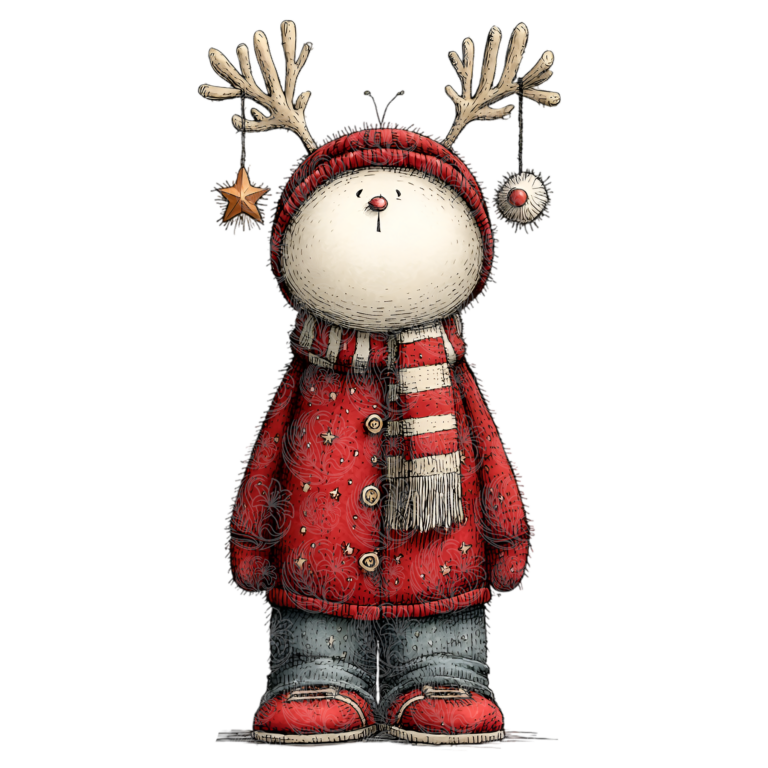 Snowman christmas ornament wearing red coat antlers scarf festive holiday illustration Grey Barn Handwerk, Saskatchewan.